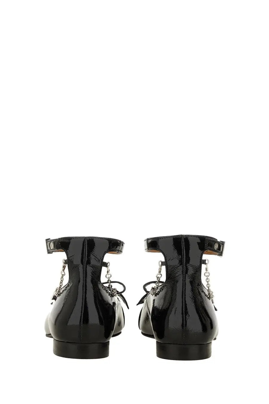Ganni women’s jewel ballerina black patent leather flat shoes with silver chain details and ankle straps