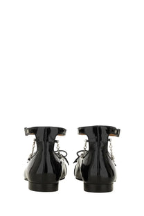 Ganni women’s jewel ballerina black patent leather flat shoes with silver chain details and ankle straps