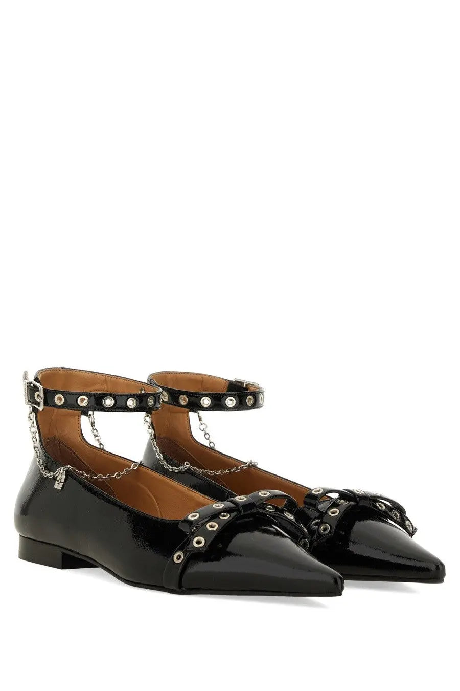 Ganni women’s jewel ballerina black patent leather flats with silver eyelets chains and a bow at the toe