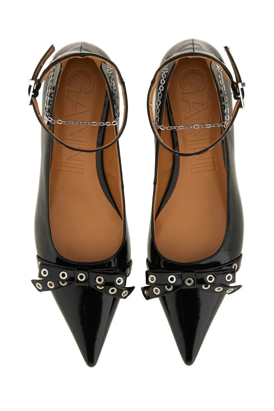 Ganni women’s jewel ballerina black patent leather pointed-toe flats with silver chain ankle strap and decorative bow