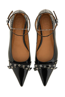 Ganni women’s jewel ballerina black patent leather pointed-toe flats with silver chain ankle strap and decorative bow