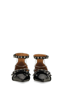 Ganni women’s jewel ballerina black patent leather t-strap flats with silver eyelets and chain detailing