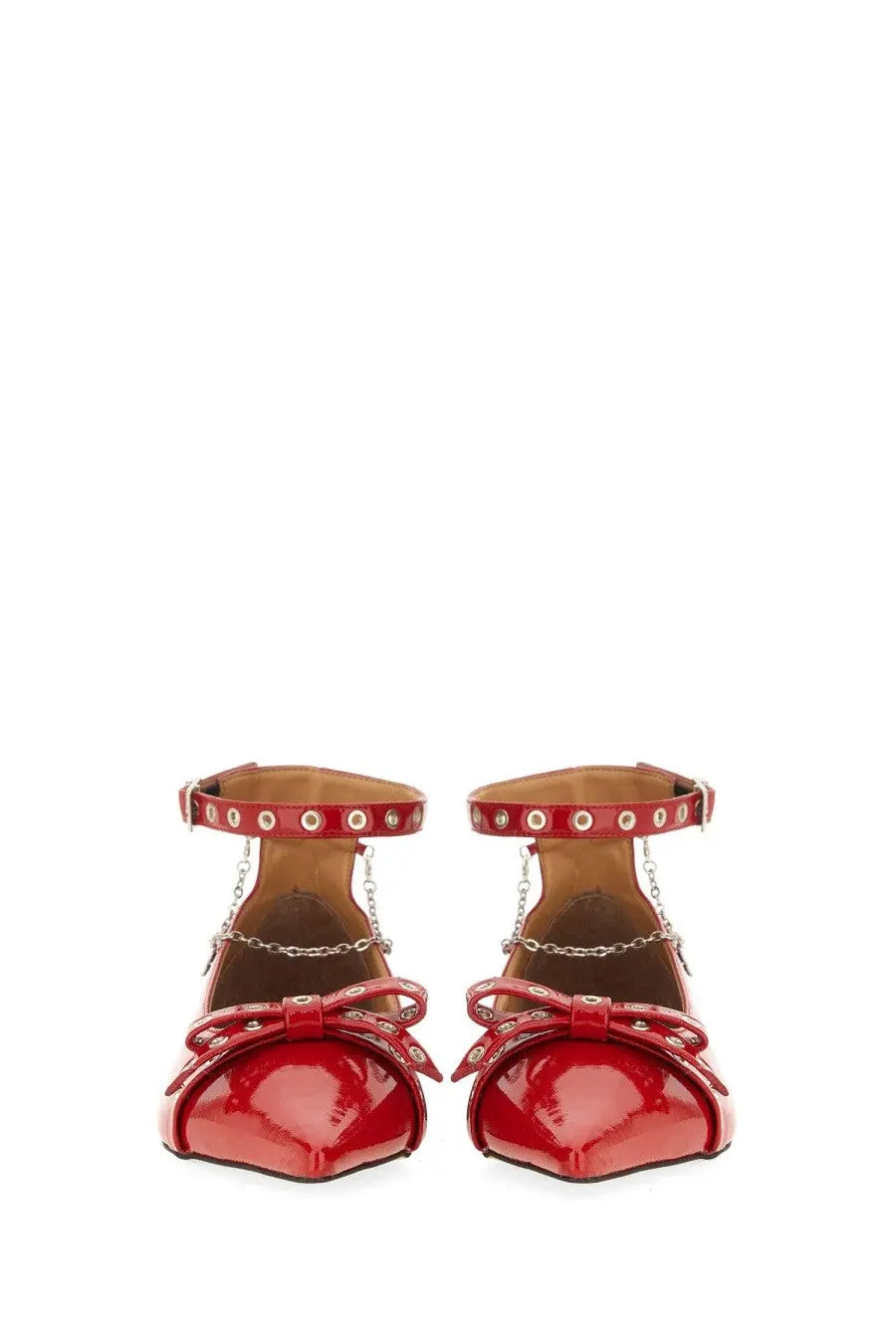 Ganni women’s jewel ballerina red patent leather flats with ankle strap silver chain detailing and bow at the toe