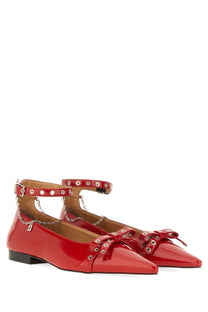Ganni women’s jewel ballerina red patent leather ballet flats with ankle straps silver-toned eyelets and chain detailing