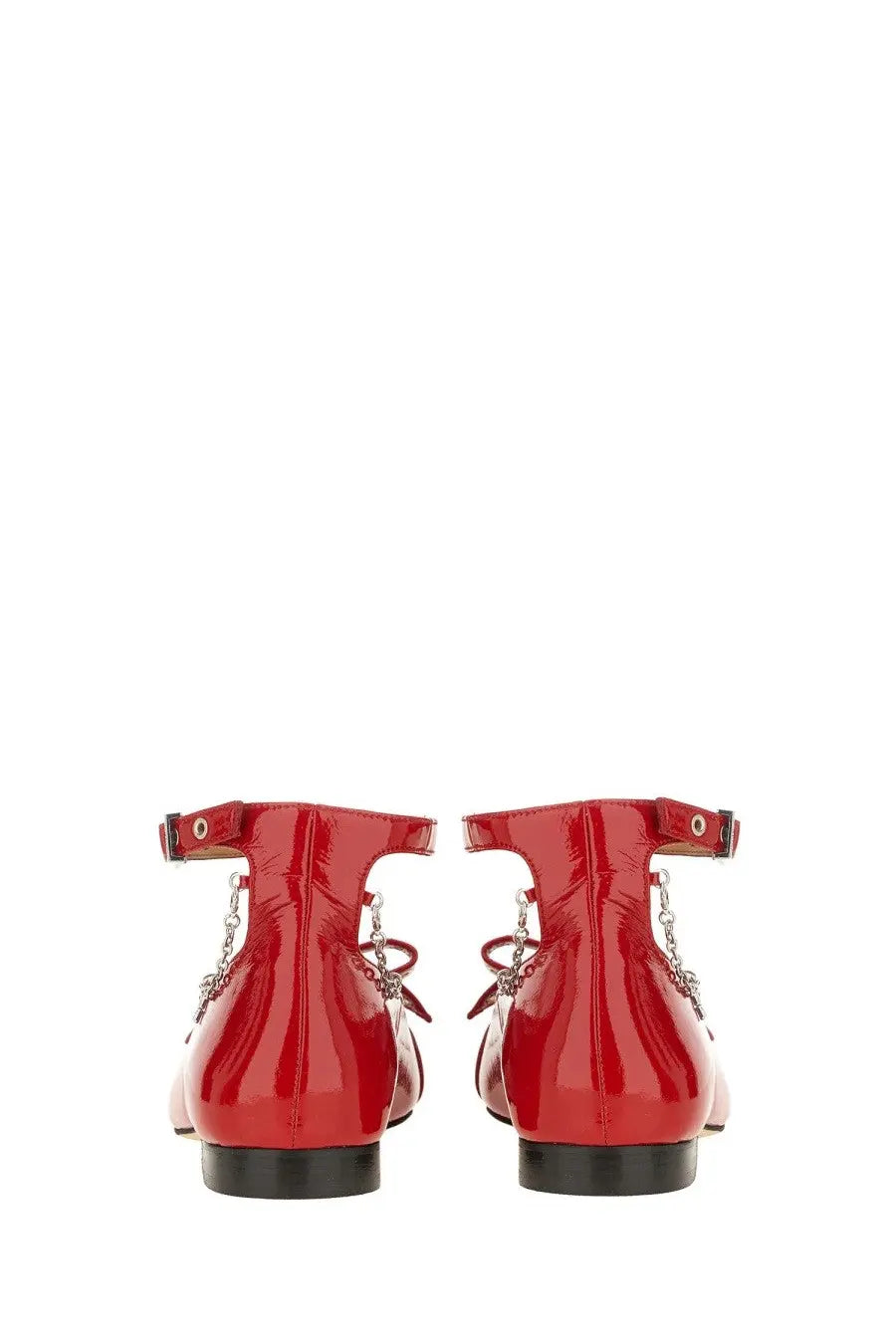 Ganni women’s jewel ballerina red patent leather flats with silver chain details and ankle straps