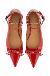 Ganni women’s jewel ballerina red patent leather flats with pointed toe bow and silver chain ankle strap detailing
