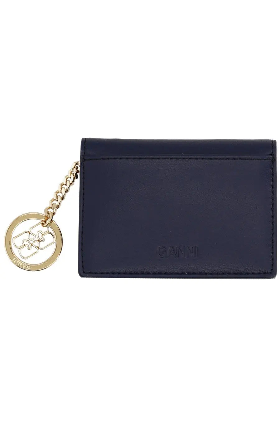 Ganni women’s joy bear card holder in dark blue leather with gold-tone chain and gant logo keychain