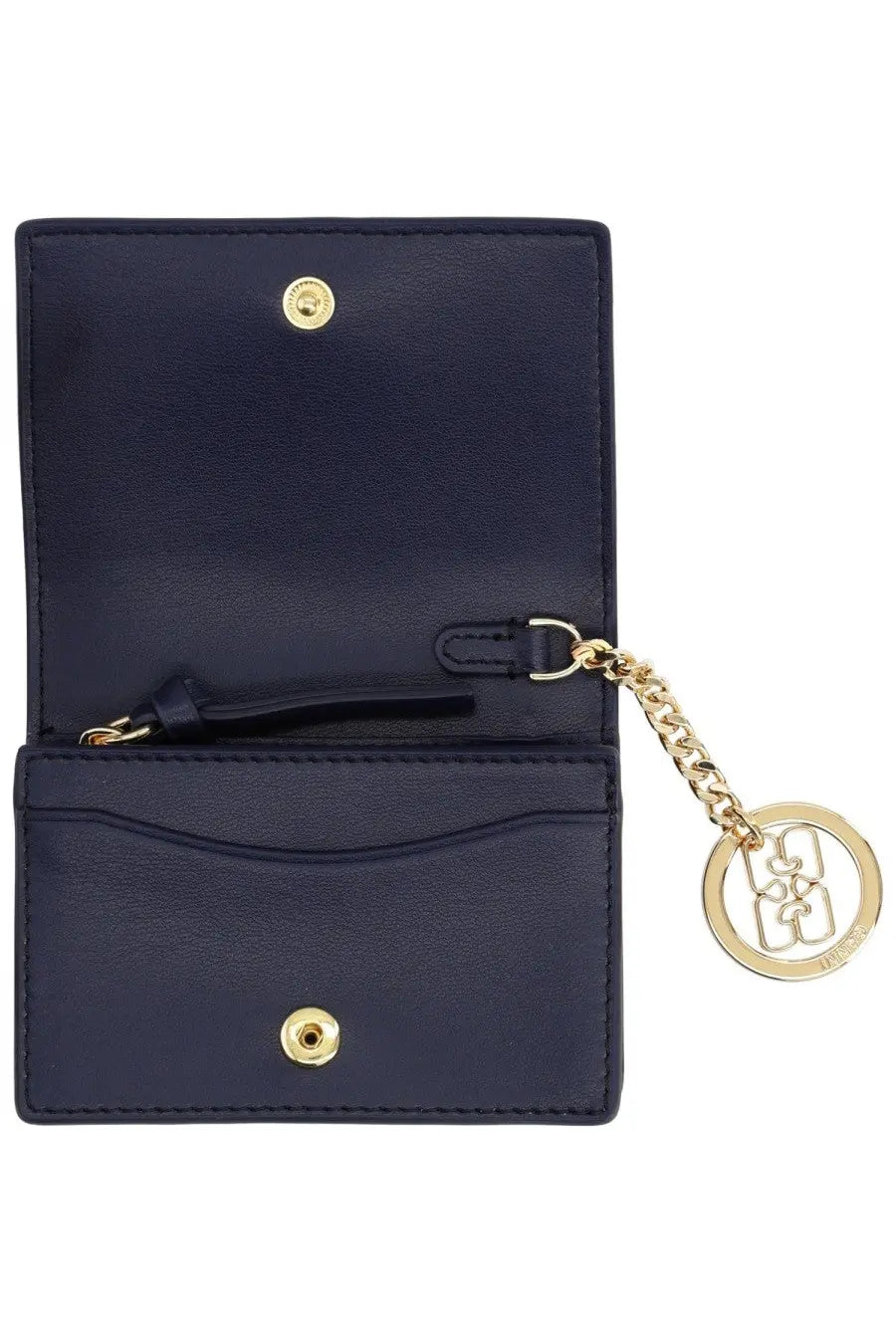 Navy blue leather Ganni women’s Joy Bear card holder with gold-tone hardware and circular interlocking logo keychain