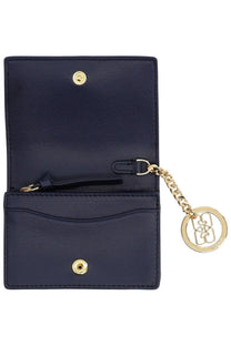 Navy blue leather Ganni women’s Joy Bear card holder with gold-tone hardware and circular interlocking logo keychain