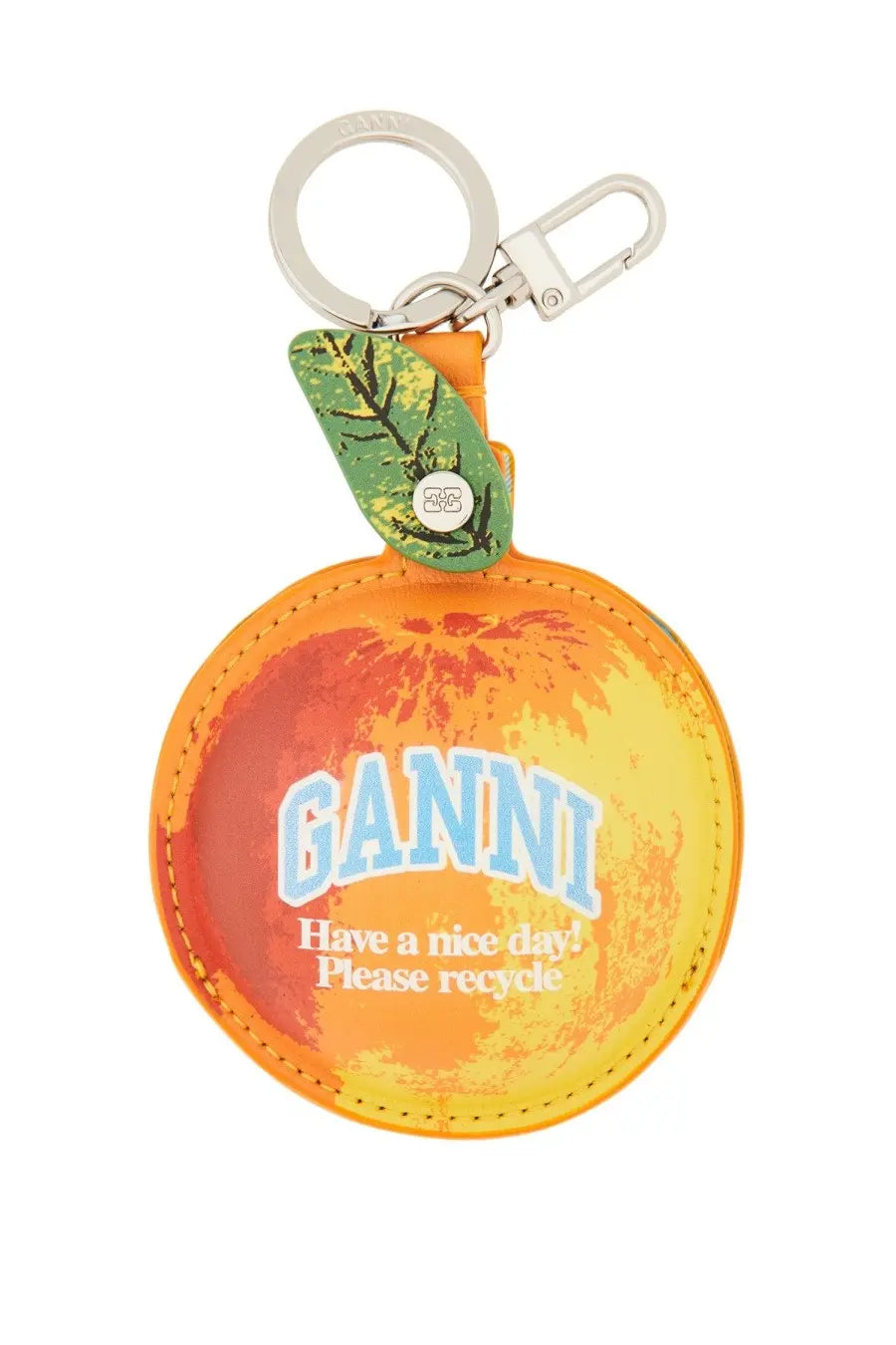 Ganni women’s keychain apple orange in vibrant orange peach shape with blue logo and green leaf accent