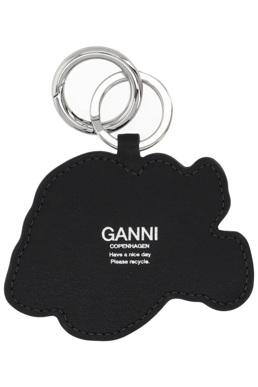 Black leather cloud-shaped keychain with silver rings and white embroidered ganni copenhagen text for women