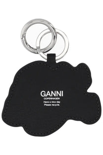 Black leather cloud-shaped keychain with silver rings and white embroidered ganni copenhagen text for women