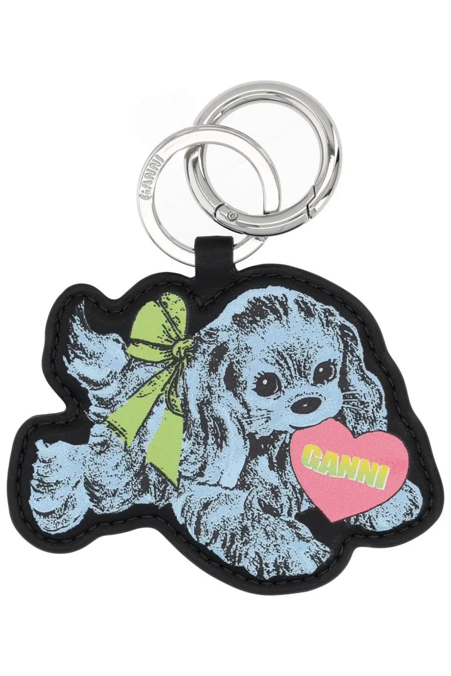 Ganni women’s keychain dog blue light blue cartoon poodle with lime green bow pink heart and yellow ganni logo