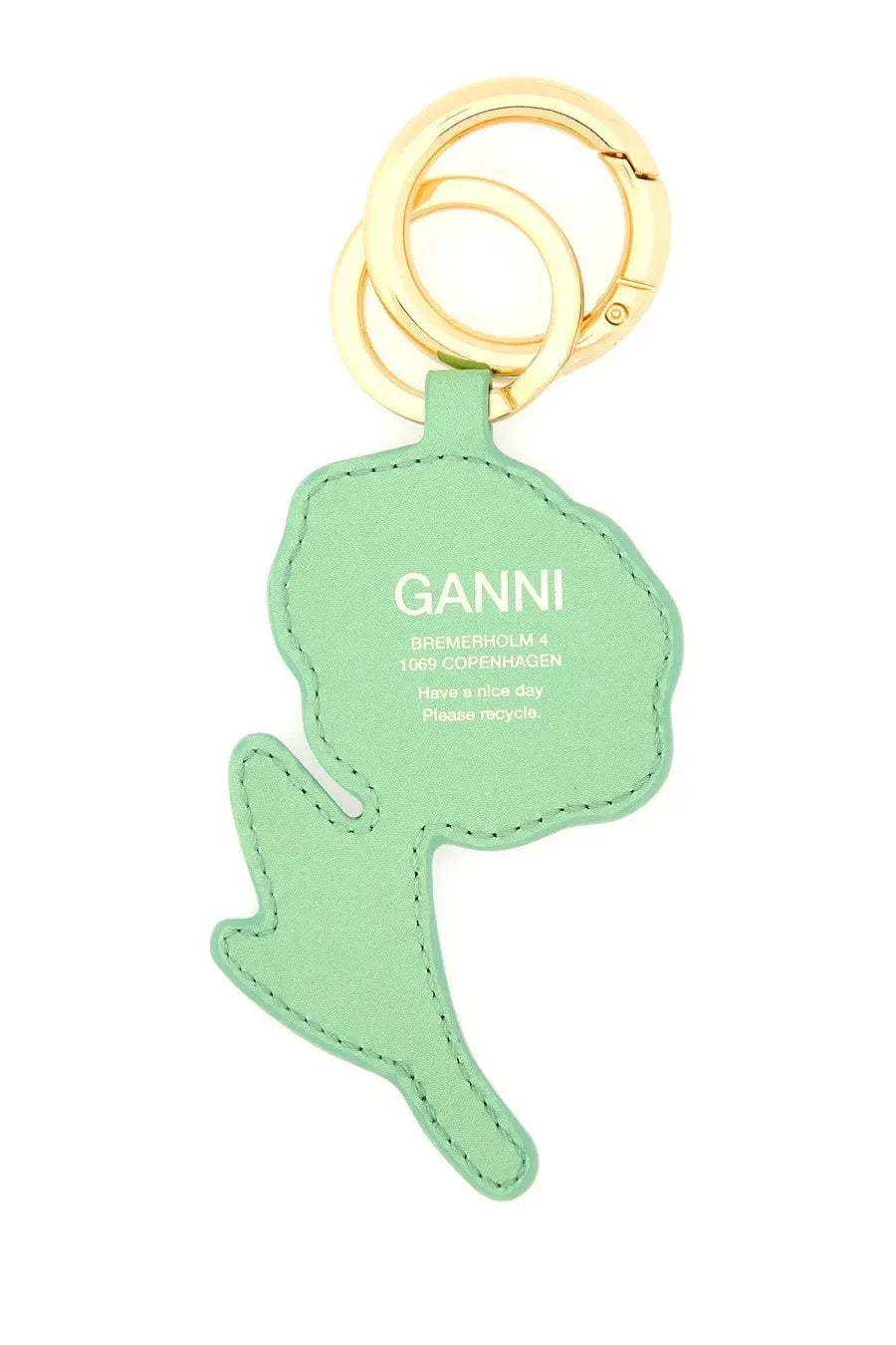 Ganni women’s mint green leather keychain shaped like a stylized flower with gold-toned metal rings