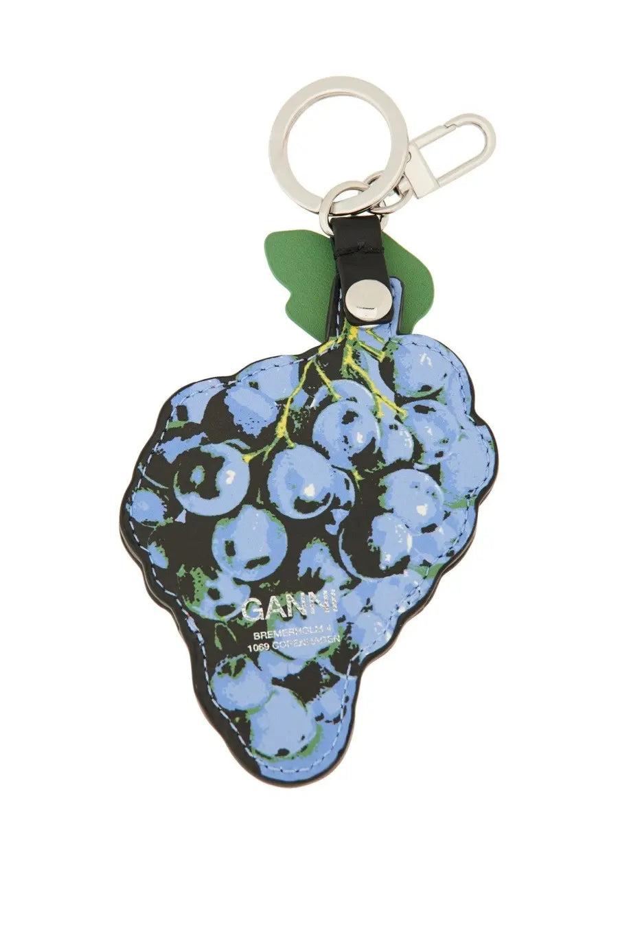 Ganni women’s keychain shaped like blue grapes with green leaf accent and silver hardware for stylish use