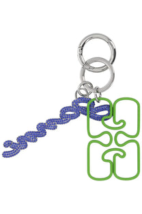 Ganni women’s keychain green featuring vibrant green and blue beads with a bold abstract logo and metallic rings