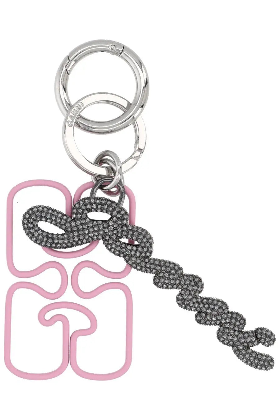 Ganni women’s grey keychain with pink and silver rhinestone-encrusted logo charm in metallic finish