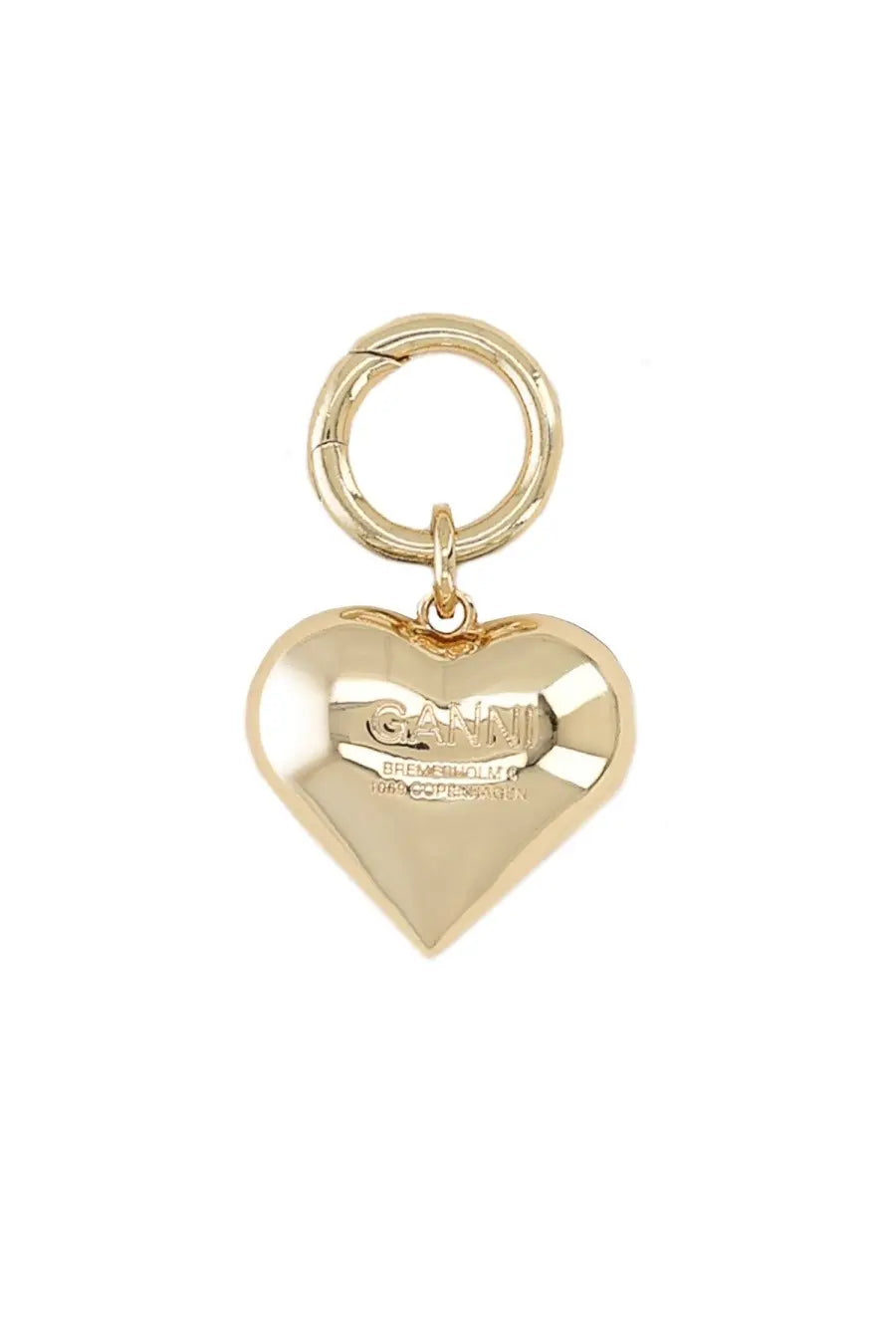 Gold-colored heart-shaped keychain with polished metallic finish and ganni engraving for women’s accessories