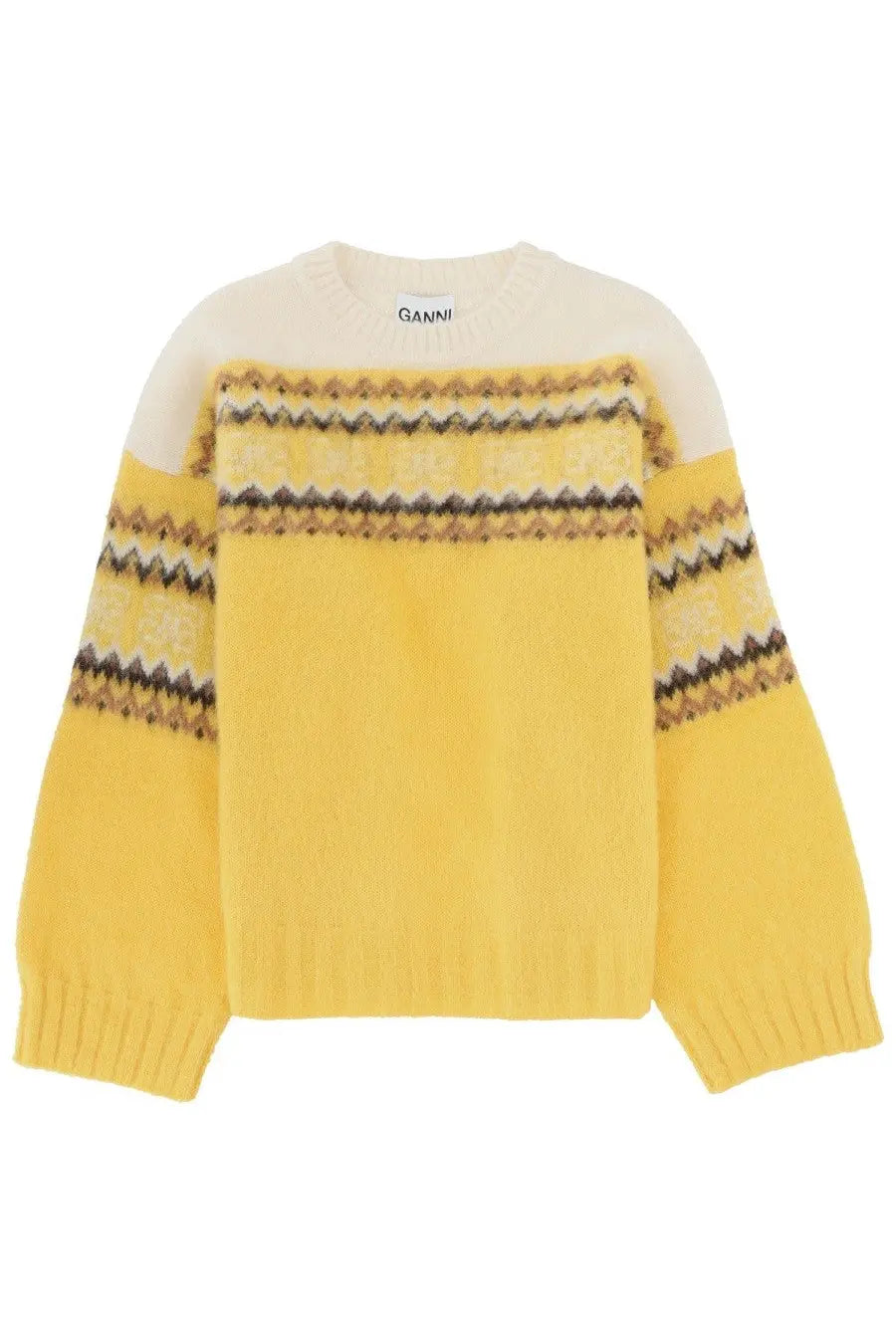 Ganni women’s knit inlay yellow vibrant sweater with cream yoke and brown black beige geometric patterns