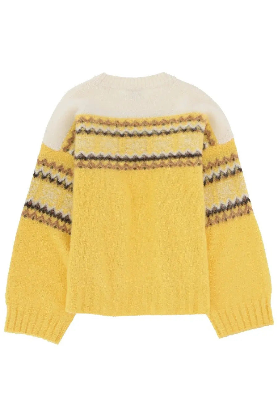 Ganni women’s knit inlay yellow vibrant yellow sweater with cream yoke and geometric patterned bands on shoulders and sleeves