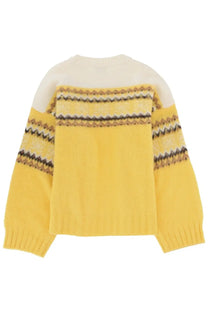 Ganni women’s knit inlay yellow vibrant yellow sweater with cream yoke and geometric patterned bands on shoulders and sleeves