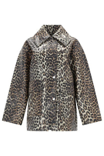 Ganni women’s laminated animal jacket with leopard print trench coat style and glossy faux-leather finish with buttons