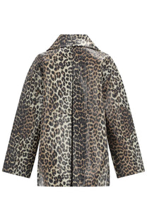 A sleek glossy leopard print trench coat with classic collar and long sleeves from Ganni laminated animal jacket pattern