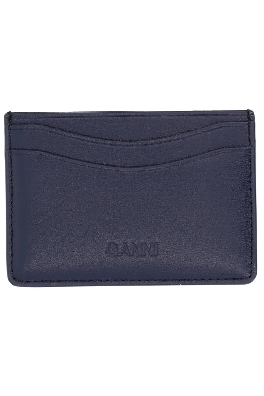 Dark blue leather card holder with embossed ganni logo in ganni womens leather wallet black collection