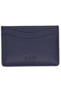 Dark blue leather card holder with embossed ganni logo in ganni womens leather wallet black collection