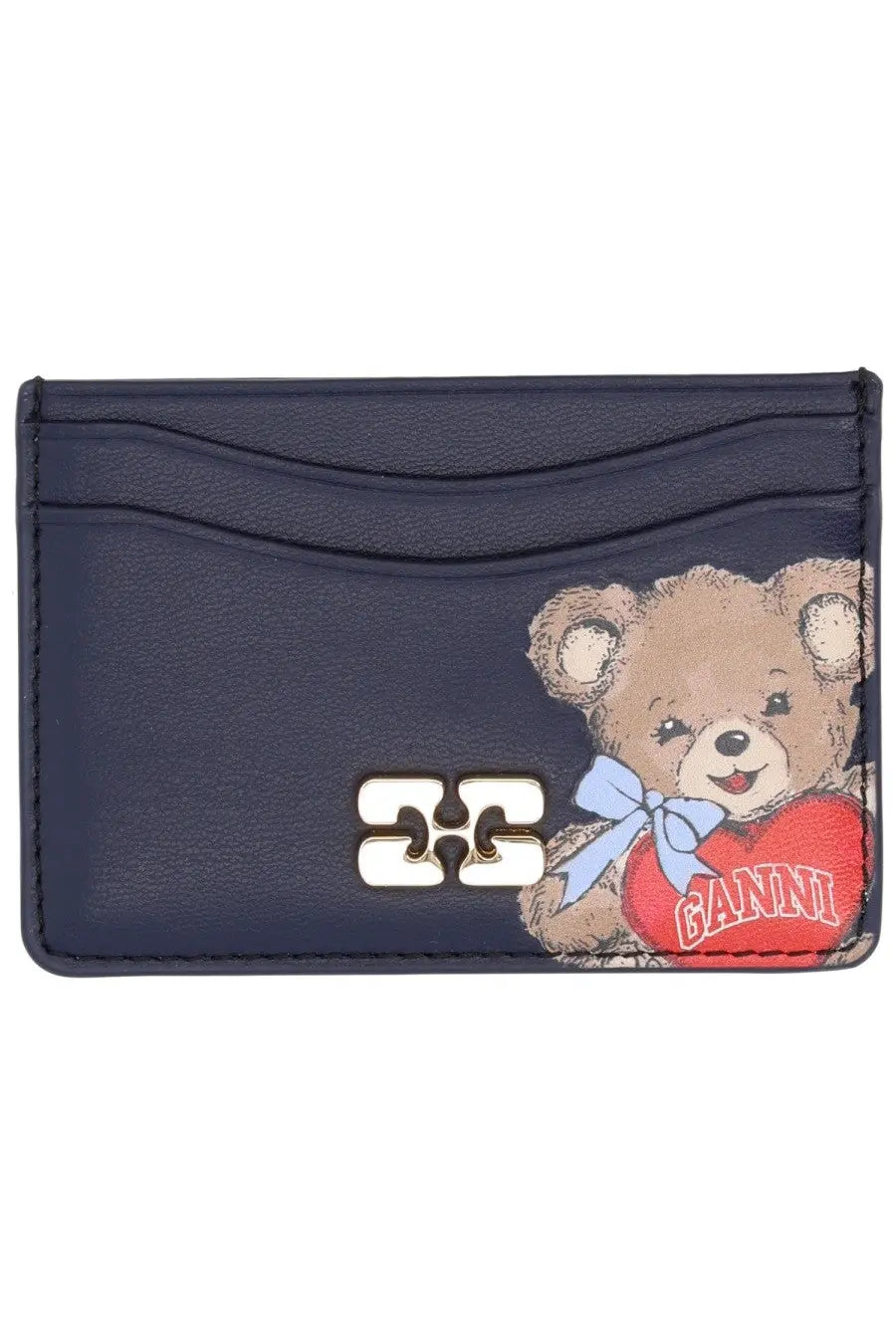 Navy blue leather card holder with a cartoon teddy bear holding a red heart and ganni embroidered on it with white clasp