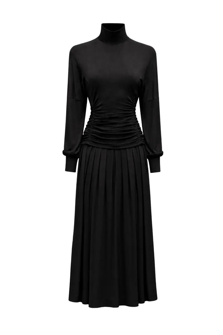 Ganni women’s long black high-neck midi dress with long sleeves and ruched waistband in soft fabric