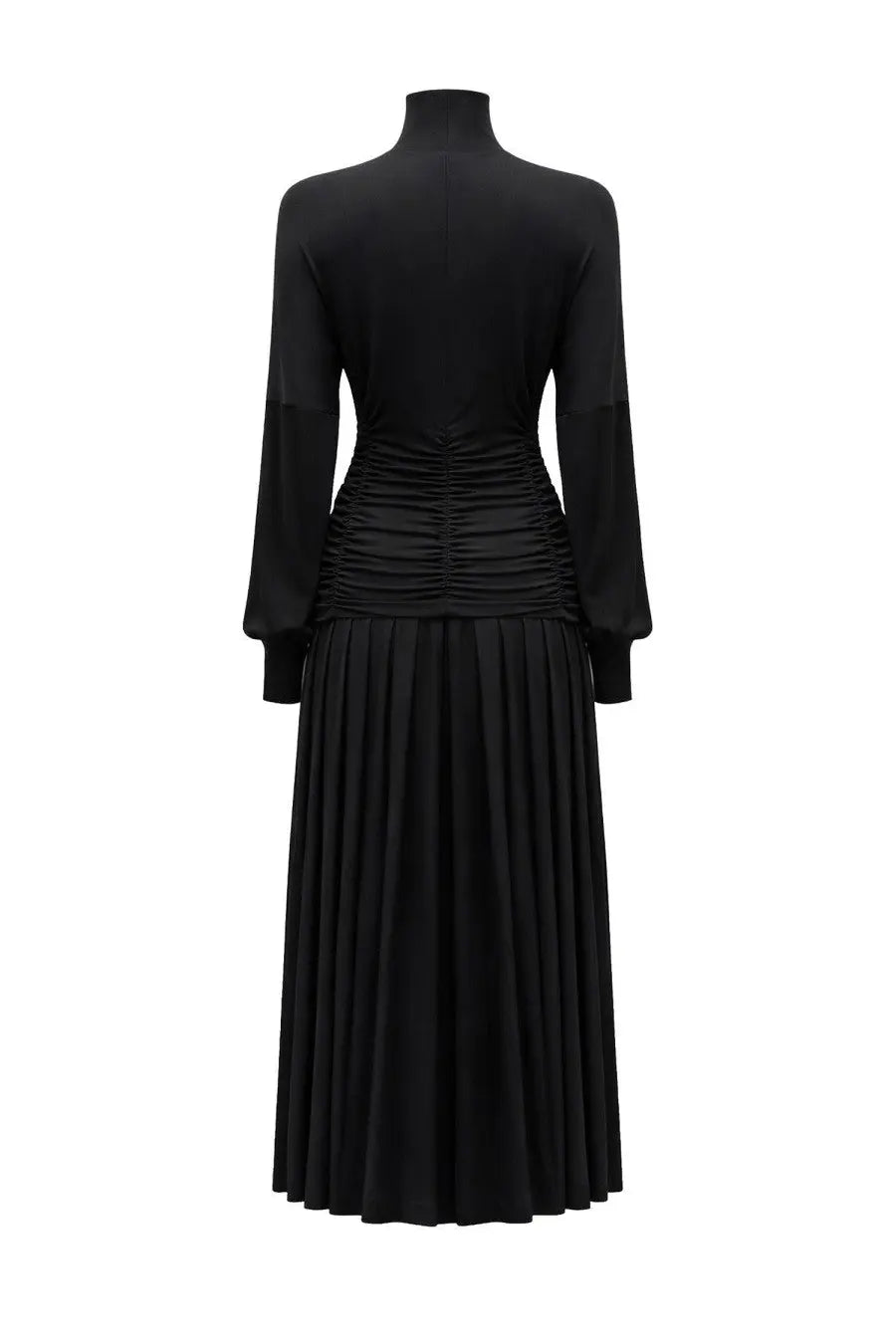 Ganni women’s long black pleated midi dress with high neckline and long sleeves in lightweight fabric