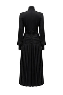 Ganni women’s long black pleated midi dress with high neckline and long sleeves in lightweight fabric