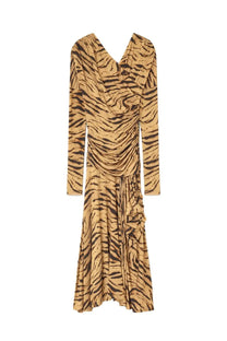 Ganni women’s long flowing midi dress in tan and black tiger stripe pattern with ruched bodice detailing