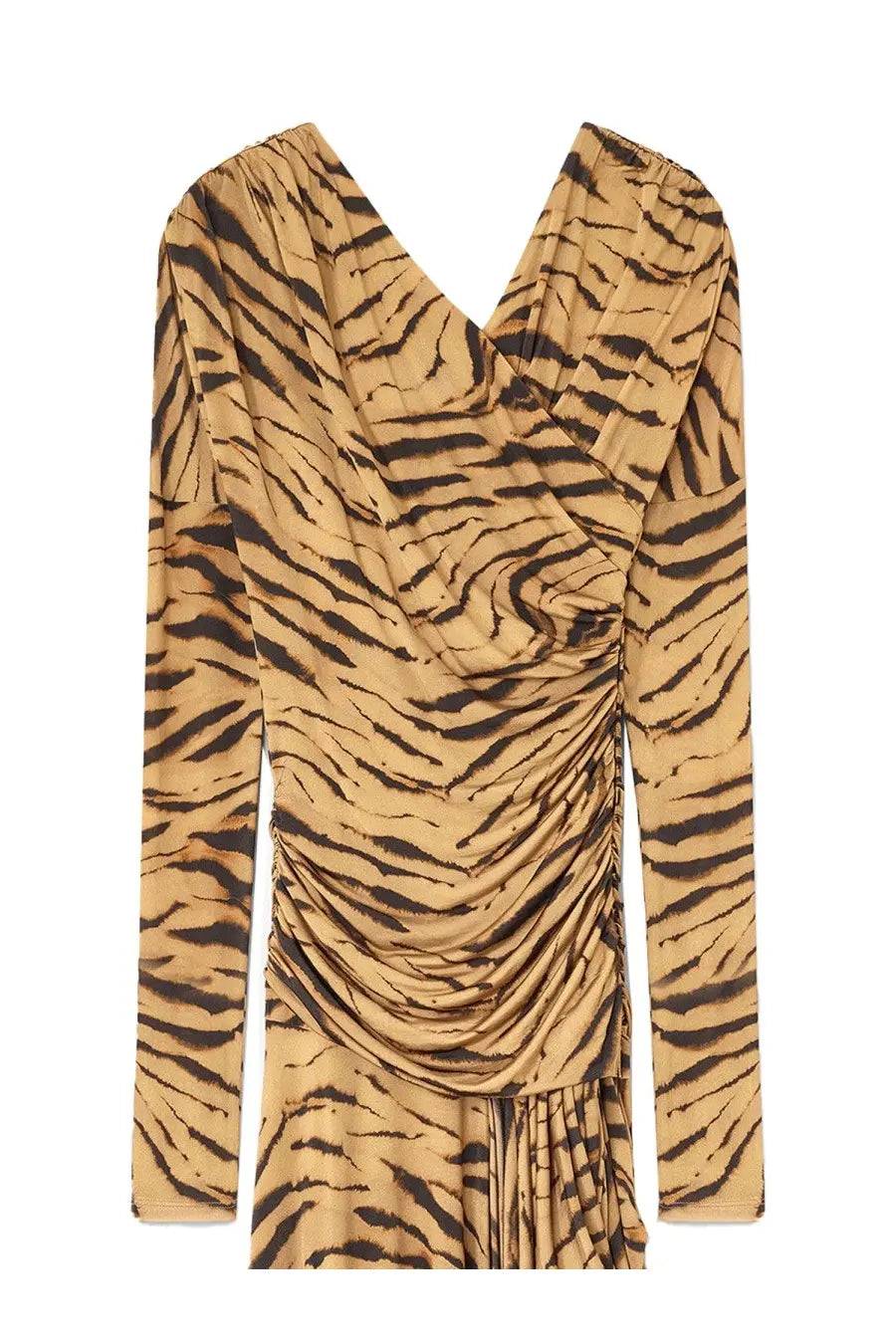 Ganni women’s long-sleeved v-neck dress in tan and black bold tiger stripe pattern