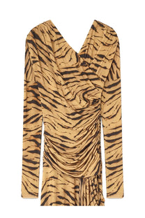 Ganni women’s long-sleeved v-neck dress in tan and black bold tiger stripe pattern