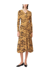 Ganni women’s long-sleeved v-neck midi dress in bold black and golden-brown tiger stripe pattern