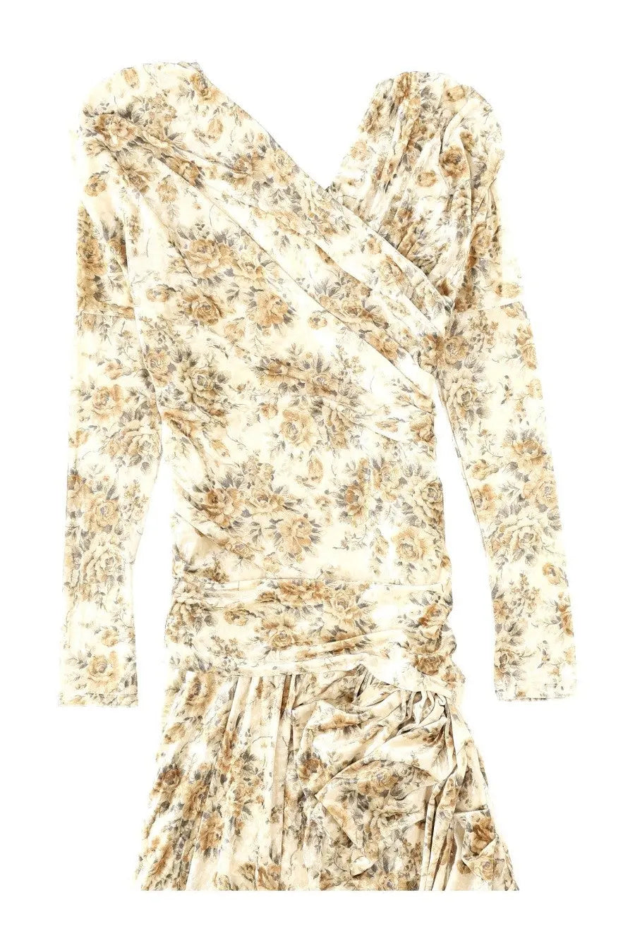 Ganni women’s long cream-colored floral dress with long sleeves and draped asymmetrical neckline