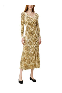 Ganni women’s long white dress with long sleeves floor-length shimmering gold and beige floral print and waist draping