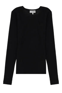 Black ganni women’s long sleeve top with minimalist design and simple silhouette in soft fabric