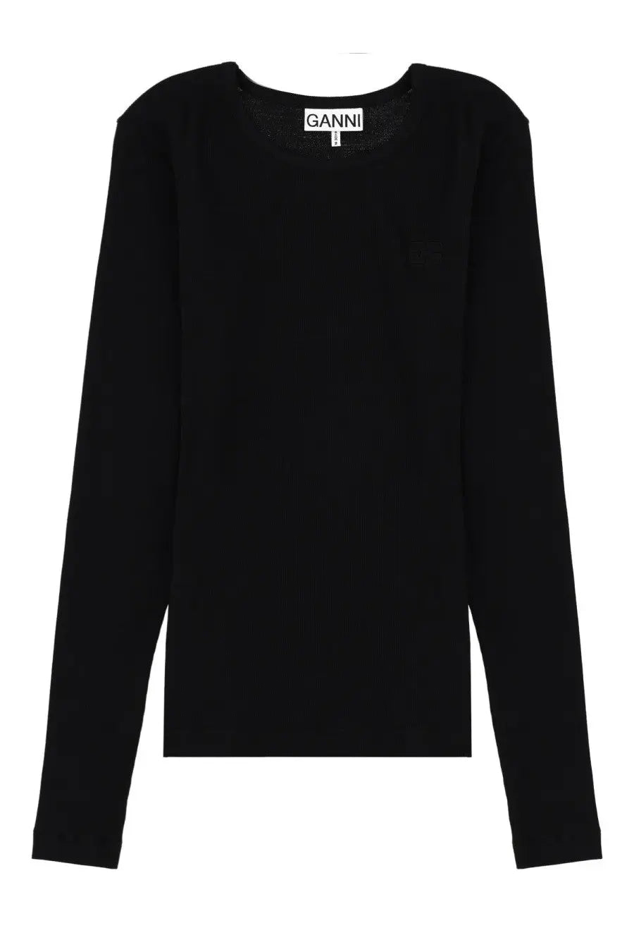 Black ganni women’s long sleeve top with minimalist design in grey long-sleeved fabric for casual wear