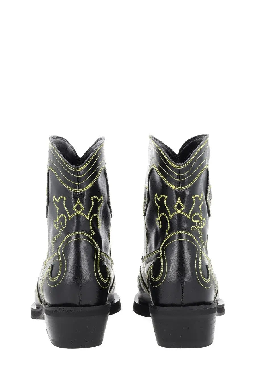 Ganni women’s low shaft black leather cowboy boots with neon yellow stitching and decorative patterns