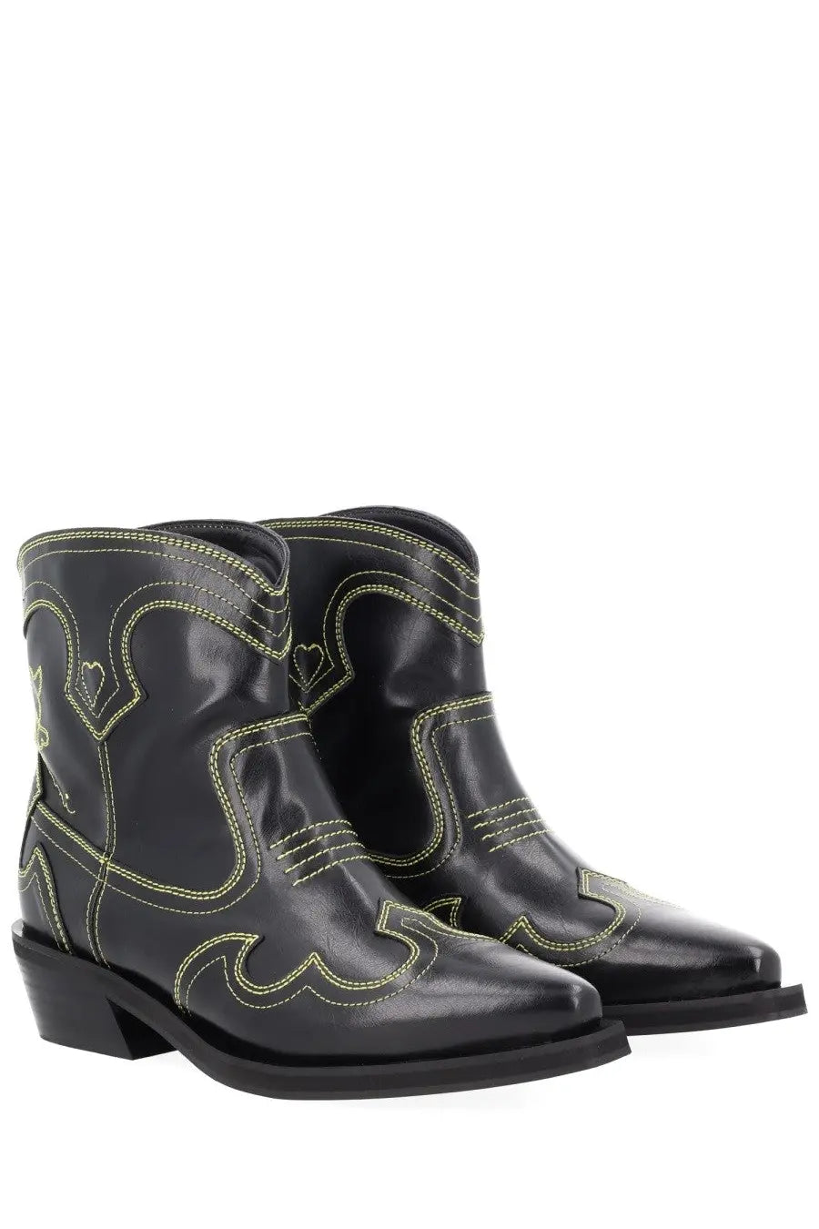 Ganni womens low shaft black leather cowboy boots with neon yellow stitching and heart shaped decorative patterns