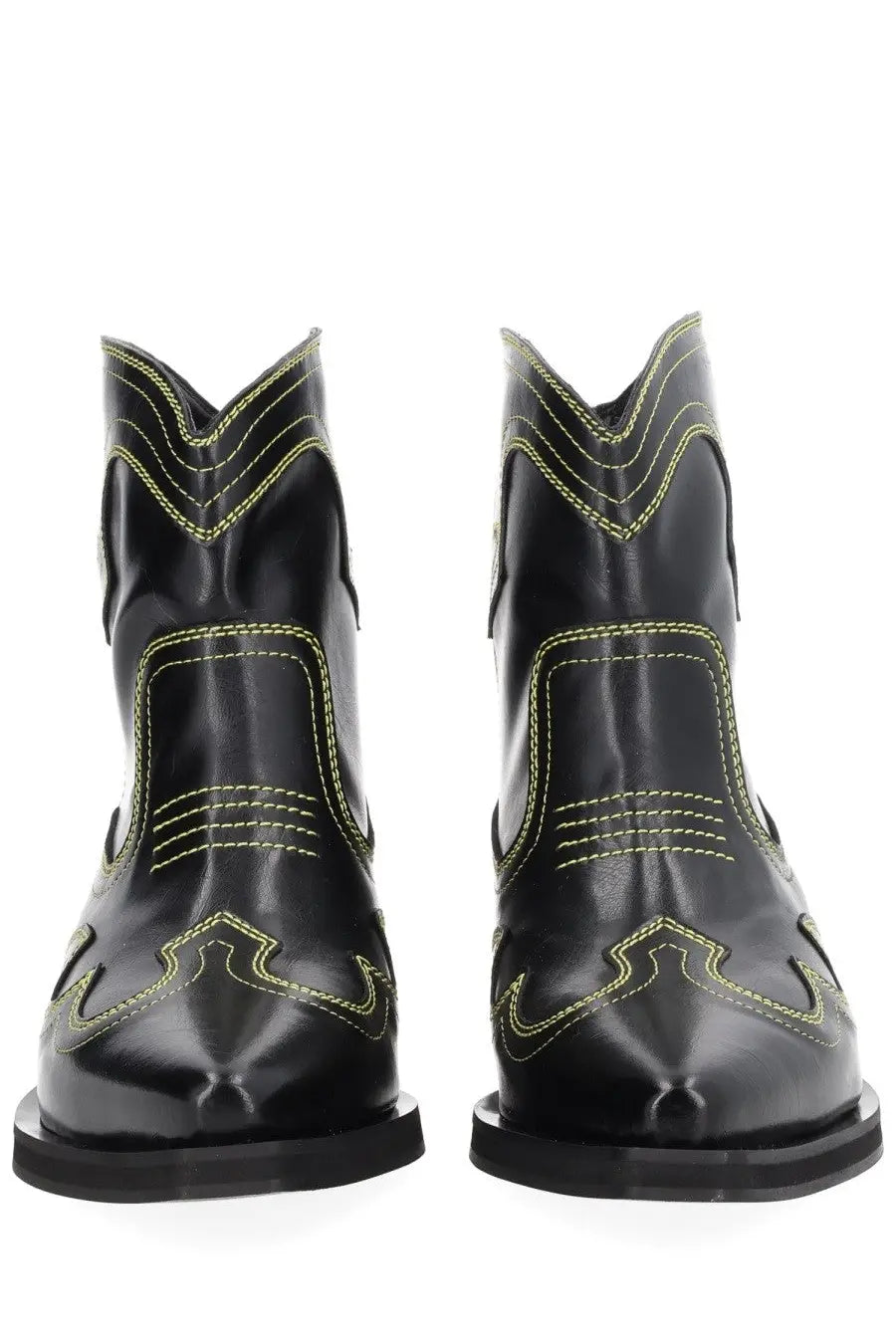 Ganni women’s low shaft black leather cowboy boots with neon green stitching and pointed toe design