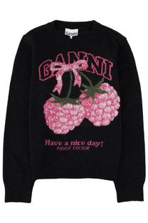 Ganni women’s black sweater with bold pink and green embroidered raspberry graphic and brand name arched above