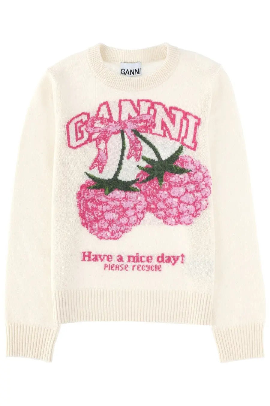 Cream-colored ganni women’s maglia con grafica sweater with pink and green embroidered raspberry and brand name