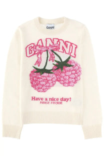 Cream-colored ganni women’s maglia con grafica sweater with pink and green embroidered raspberry and brand name