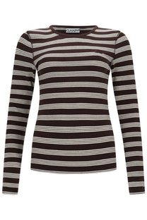 Ganni women’s brown and white horizontally striped long-sleeved top in breathable maglia fabric for casual wear