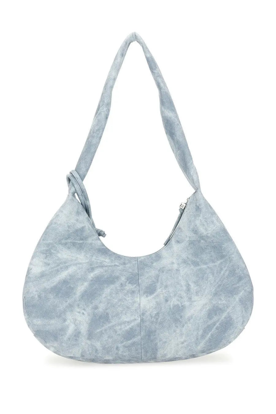 A light blue tie-dye ganni women’s medium bleached hobo bag with soft textured fabric and a long shoulder strap