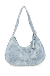 Ganni women’s medium bleached hobo bag in blue light tie-dye suede with silver hardware and woven tassel detail